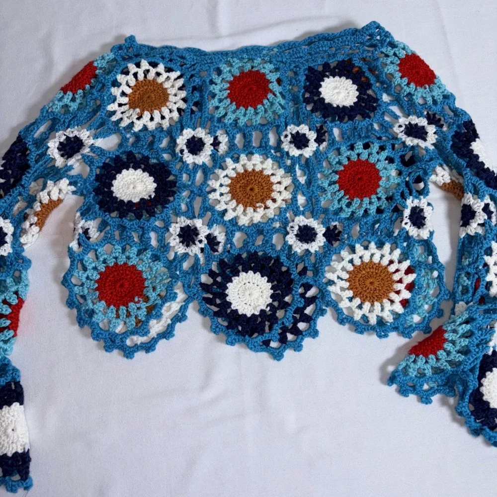Unbranded Crochet Granny Square Top Small Blue Excellent Boho Floral Cropped